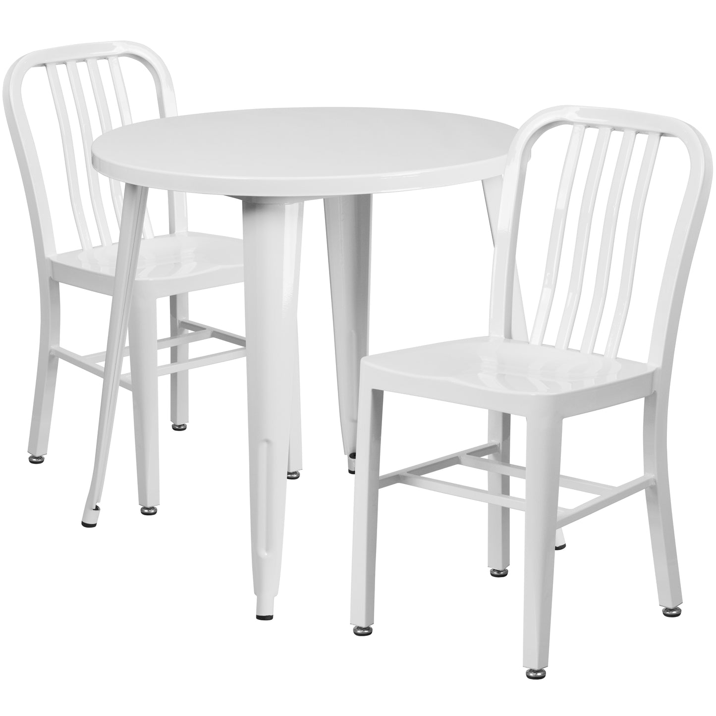 Craig Commercial Grade 30" Round White Metal Indoor-Outdoor Table Set with 2 Vertical Slat Back Chairs White