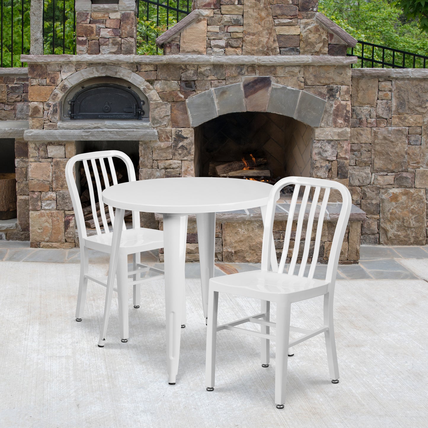 Craig Commercial Grade 30" Round White Metal Indoor-Outdoor Table Set with 2 Vertical Slat Back Chairs White
