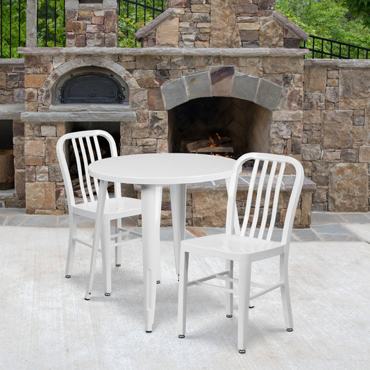 Craig Commercial Grade 30" Round White Metal Indoor-Outdoor Table Set with 2 Vertical Slat Back Chairs White