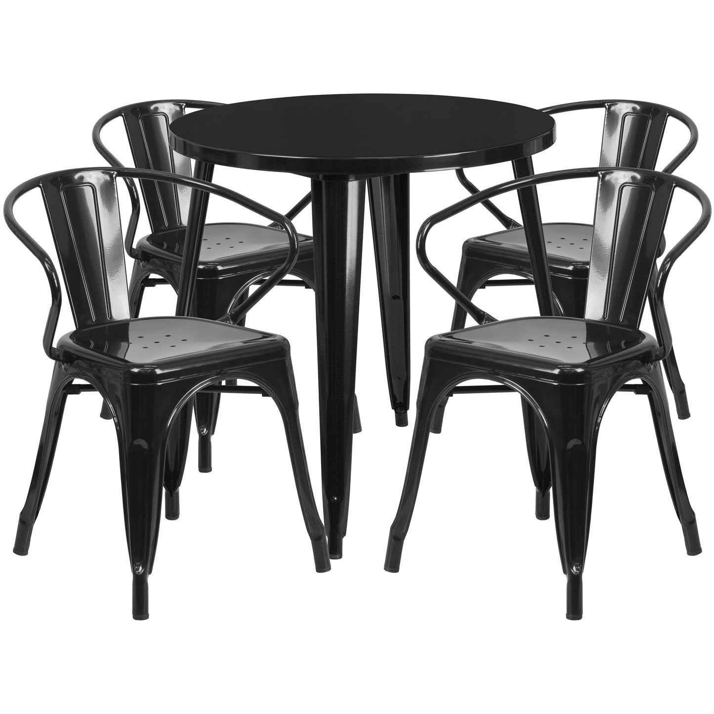 Cory Commercial Grade 30" Round Black Metal Indoor-Outdoor Table Set with 4 Arm Chairs Black