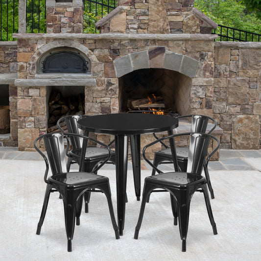 Cory Commercial Grade 30" Round Black Metal Indoor-Outdoor Table Set with 4 Arm Chairs Black
