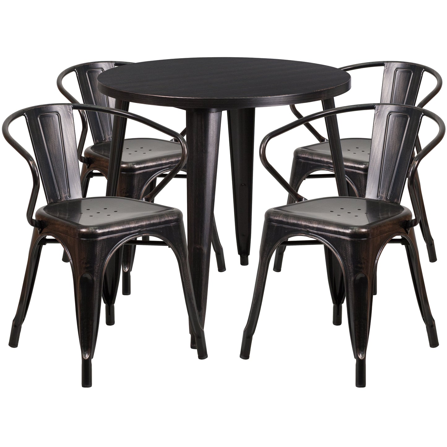 Cory Commercial Grade 30" Round Black-Antique Gold Metal Indoor-Outdoor Table Set with 4 Arm Chairs Black-Antique Gold CH-51090TH-4-18ARM-BQ-GG