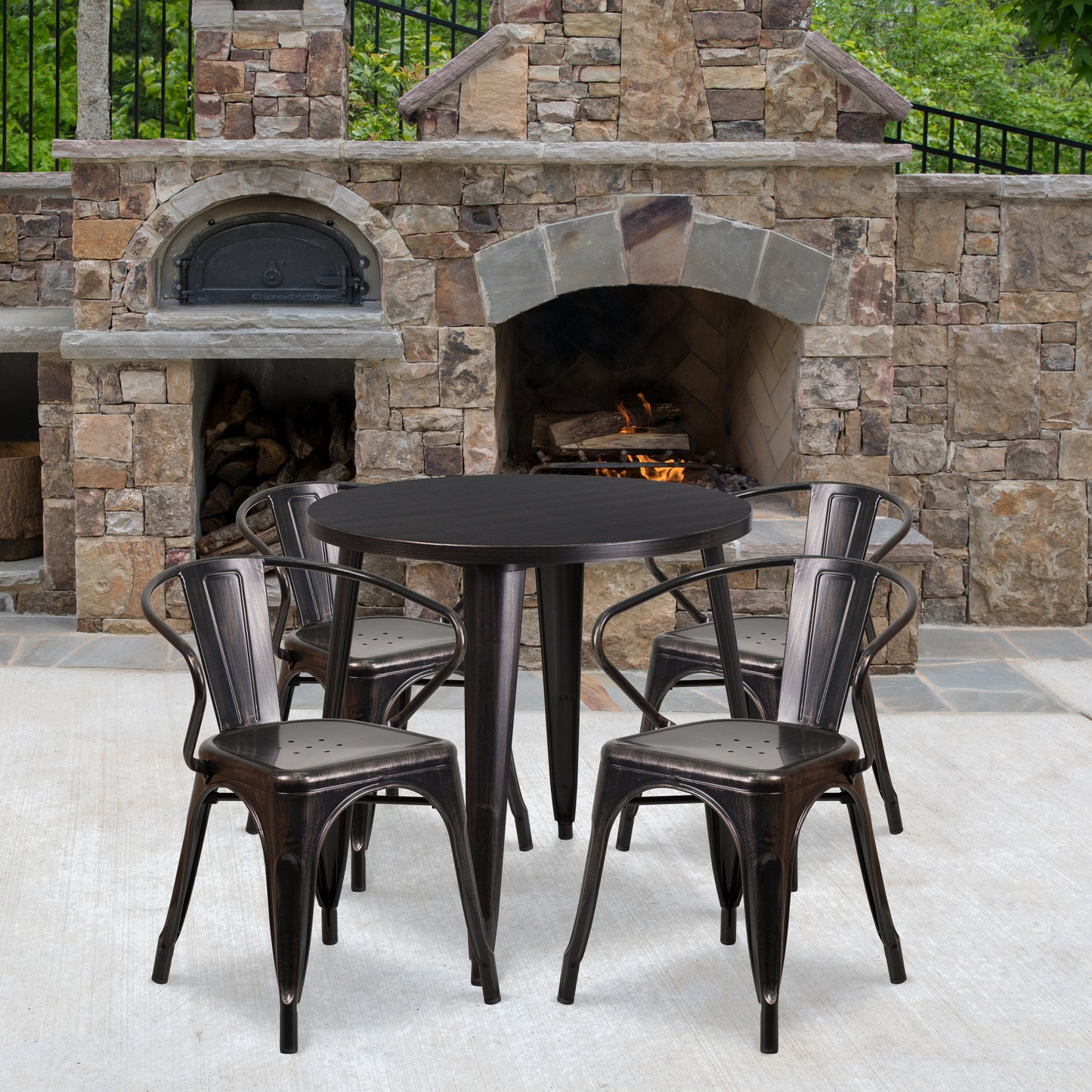 Cory Commercial Grade 30" Round Black-Antique Gold Metal Indoor-Outdoor Table Set with 4 Arm Chairs Black-Antique Gold CH-51090TH-4-18ARM-BQ-GG