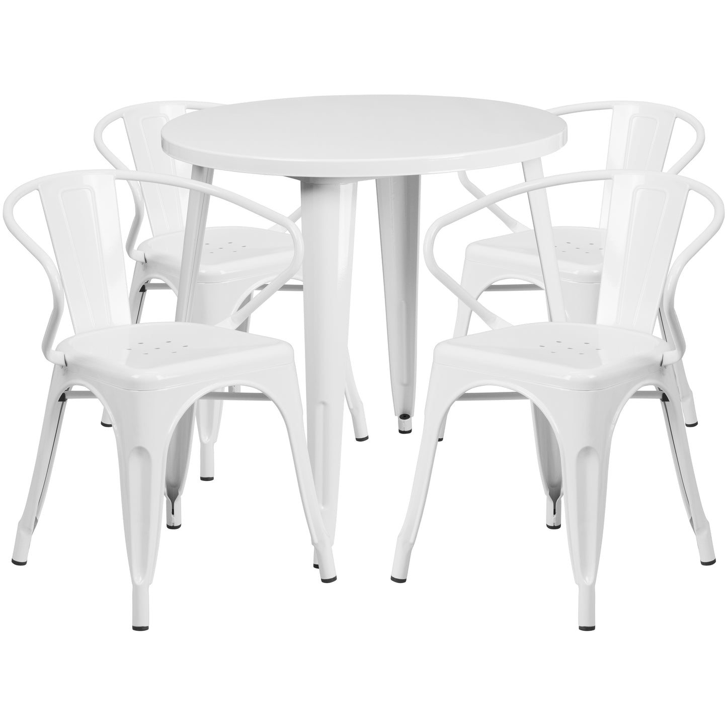 Cory Commercial Grade 30" Round White Metal Indoor-Outdoor Table Set with 4 Arm Chairs White CH-51090TH-4-18ARM-WH-GG