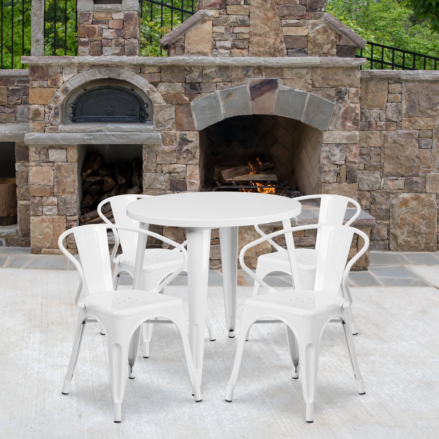 Cory Commercial Grade 30" Round White Metal Indoor-Outdoor Table Set with 4 Arm Chairs White CH-51090TH-4-18ARM-WH-GG
