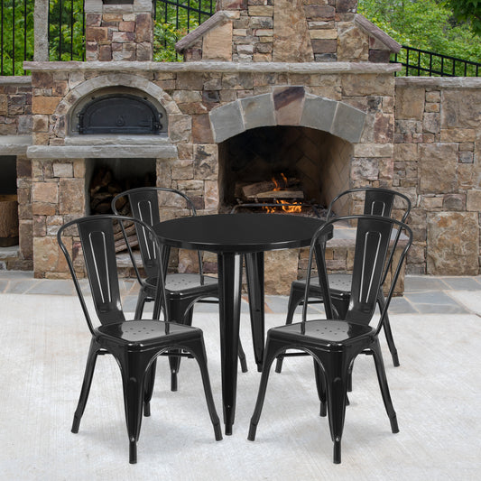 Dalton Commercial Grade 30" Round Black Metal Indoor-Outdoor Table Set with 4 Cafe Chairs Black