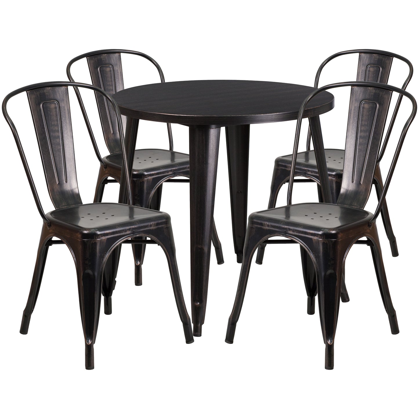 Dalton Commercial Grade 30" Round Black-Antique Gold Metal Indoor-Outdoor Table Set with 4 Cafe Chairs Black-Antique Gold