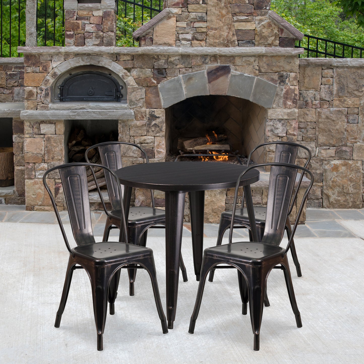 Dalton Commercial Grade 30" Round Black-Antique Gold Metal Indoor-Outdoor Table Set with 4 Cafe Chairs Black-Antique Gold