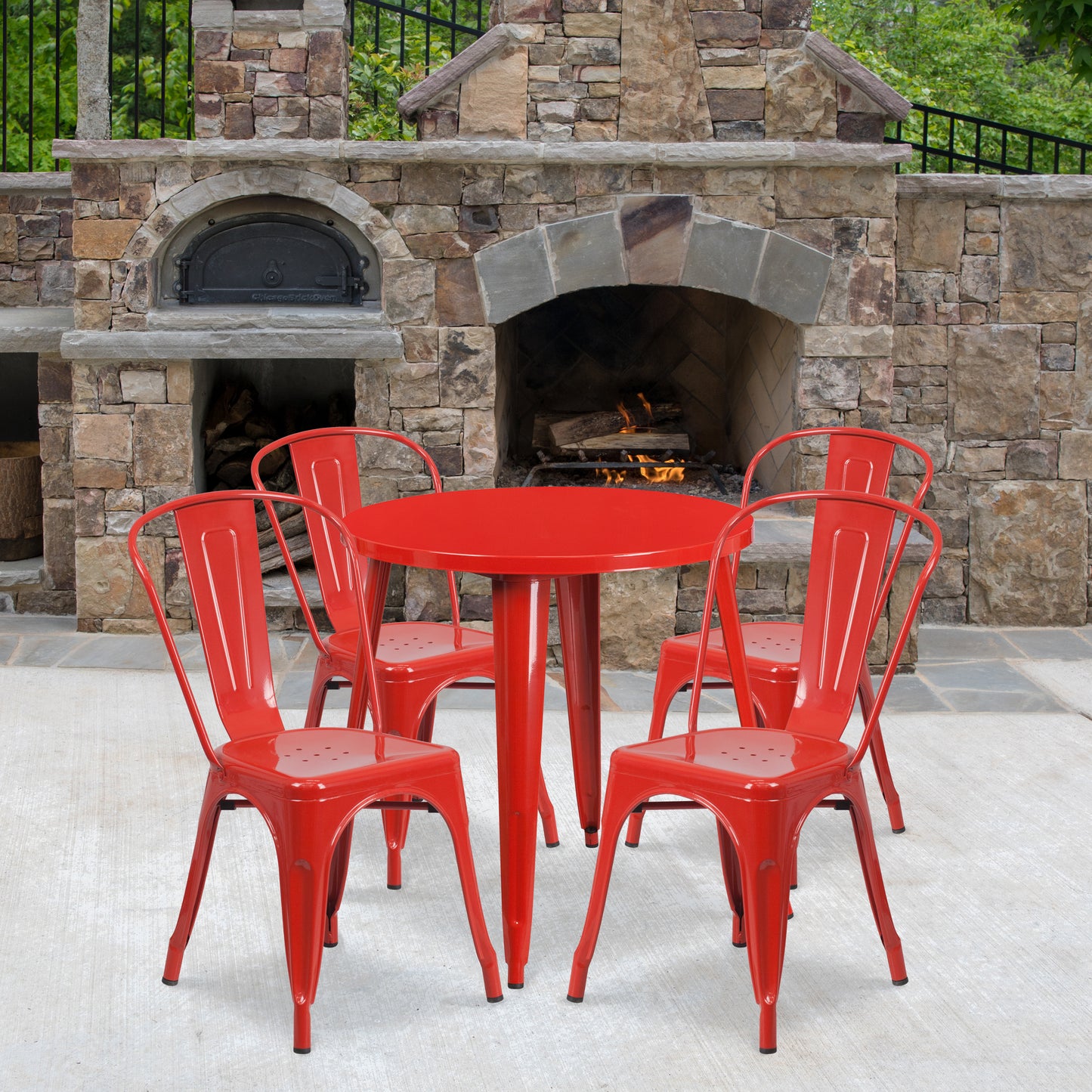 Dalton Commercial Grade 30" Round Red Metal Indoor-Outdoor Table Set with 4 Cafe Chairs Red CH-51090TH-4-18CAFE-RED-GG