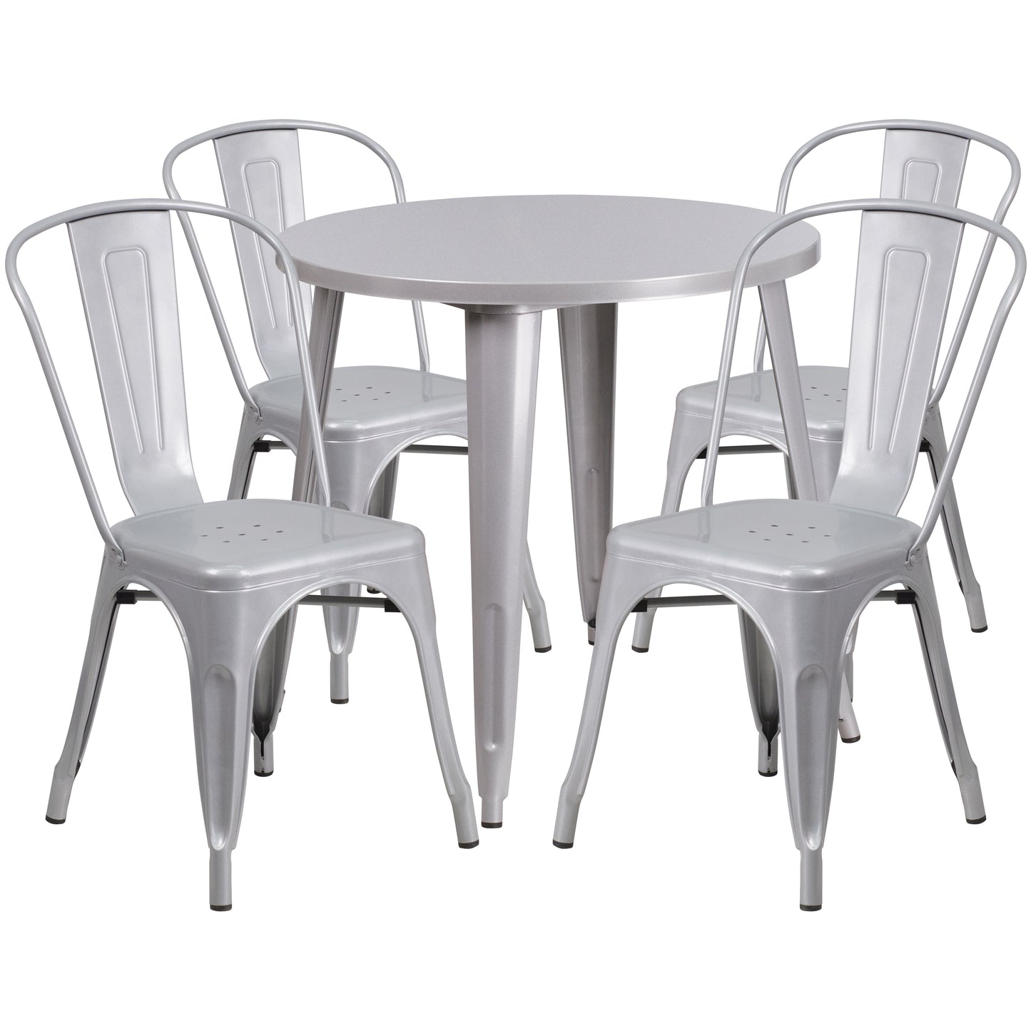Dalton Commercial Grade 30" Round Silver Metal Indoor-Outdoor Table Set with 4 Cafe Chairs Silver