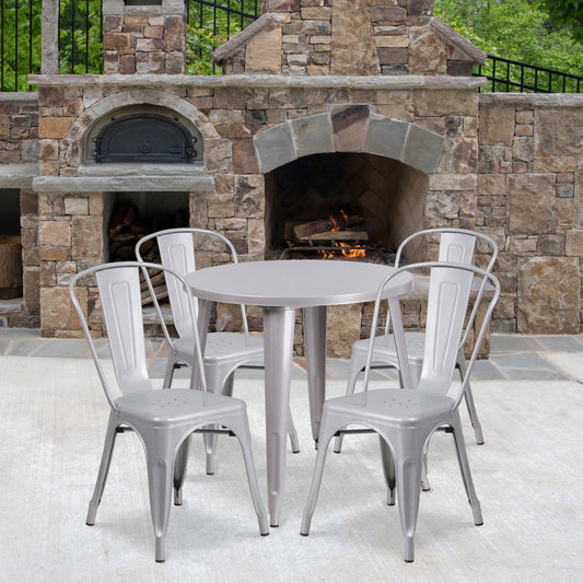 Dalton Commercial Grade 30" Round Silver Metal Indoor-Outdoor Table Set with 4 Cafe Chairs Silver