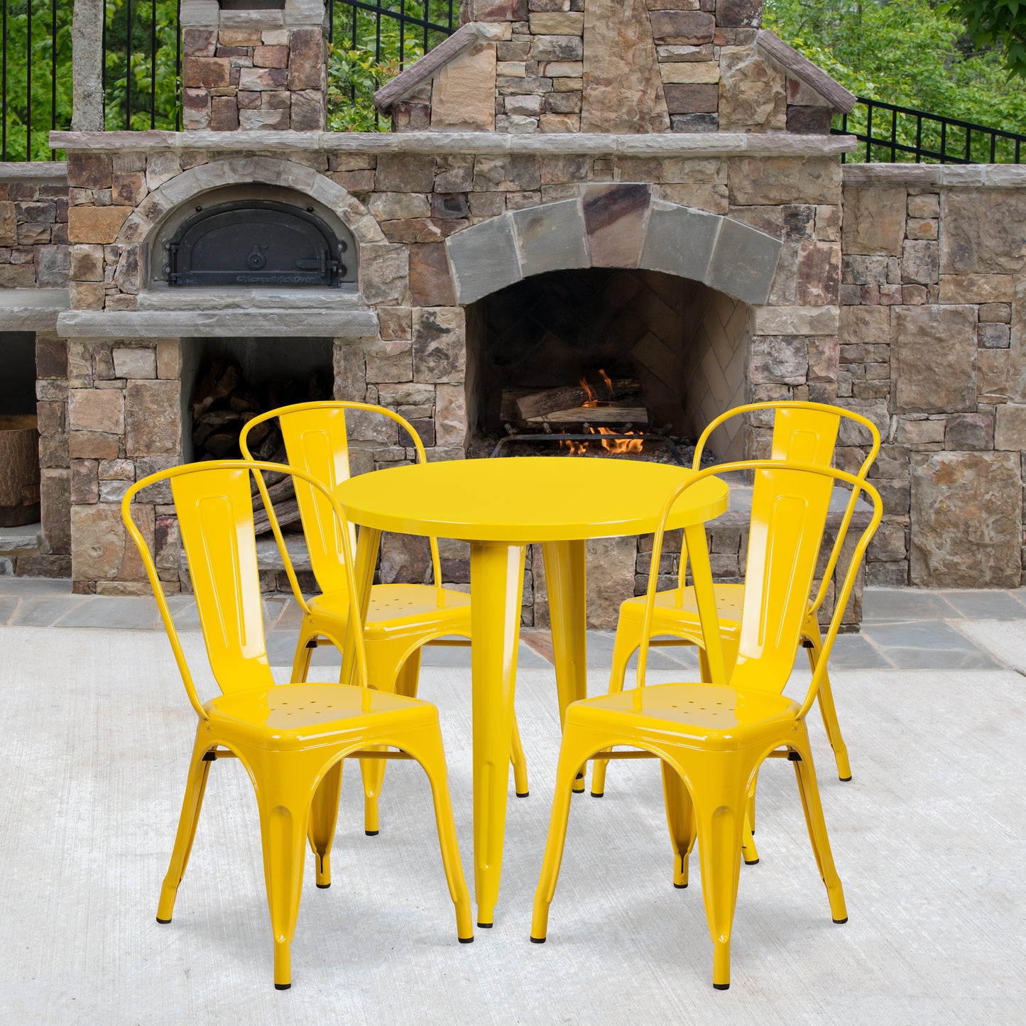Dalton Commercial Grade 30" Round Yellow Metal Indoor-Outdoor Table Set with 4 Cafe Chairs Yellow CH-51090TH-4-18CAFE-YL-GG
