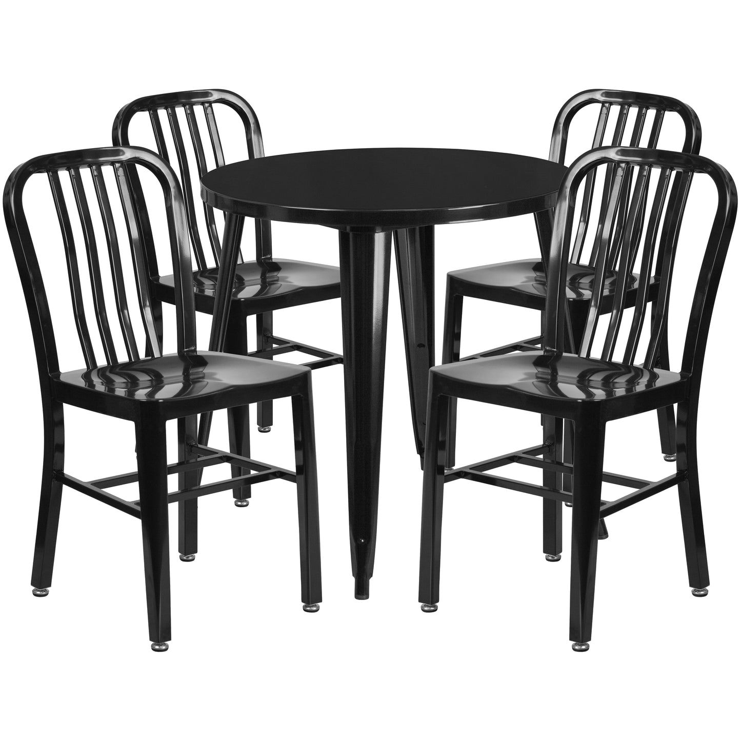 Chad Commercial Grade 30" Round Black Metal Indoor-Outdoor Table Set with 4 Vertical Slat Back Chairs Black CH-51090TH-4-18VRT-BK-GG