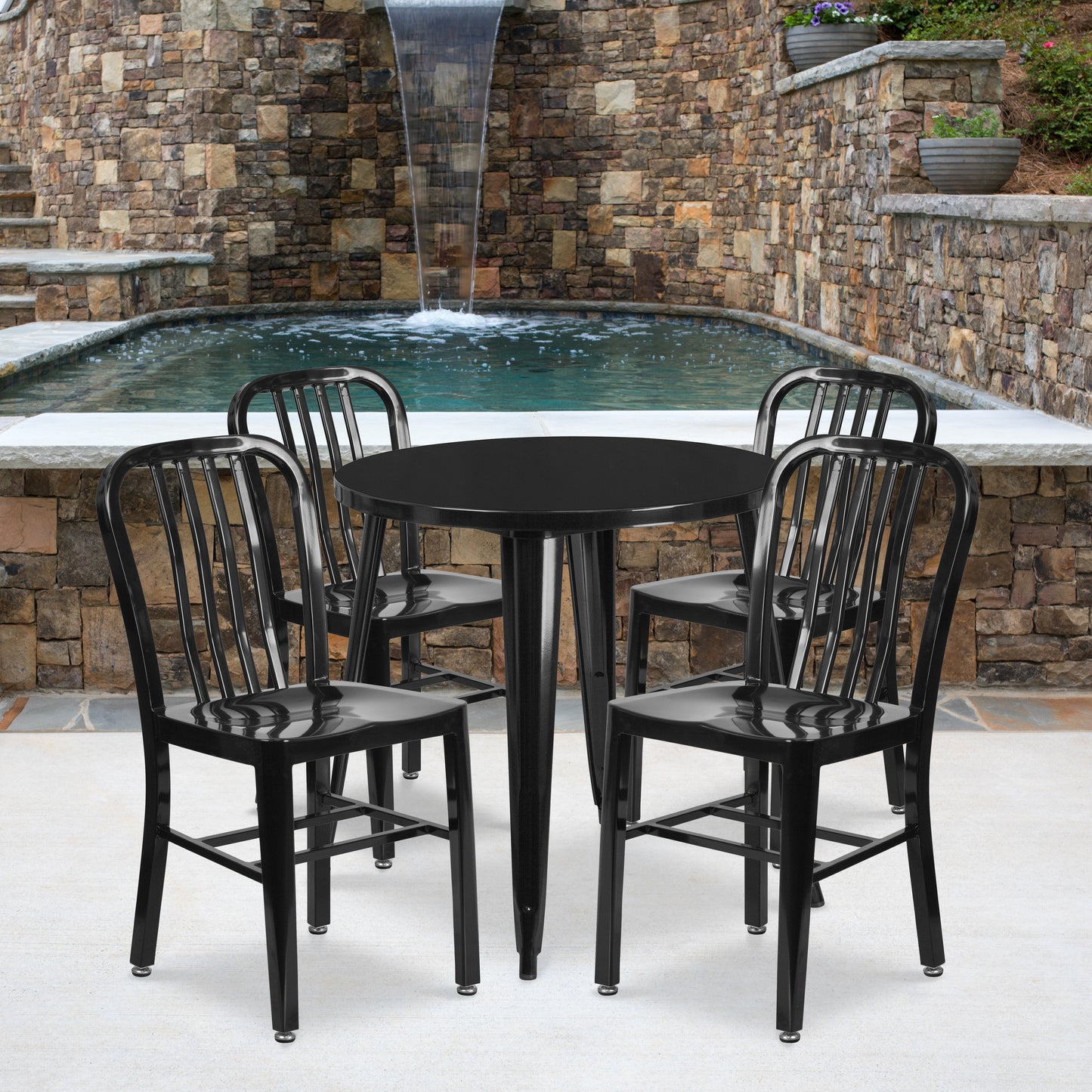 Chad Commercial Grade 30" Round Black Metal Indoor-Outdoor Table Set with 4 Vertical Slat Back Chairs Black CH-51090TH-4-18VRT-BK-GG