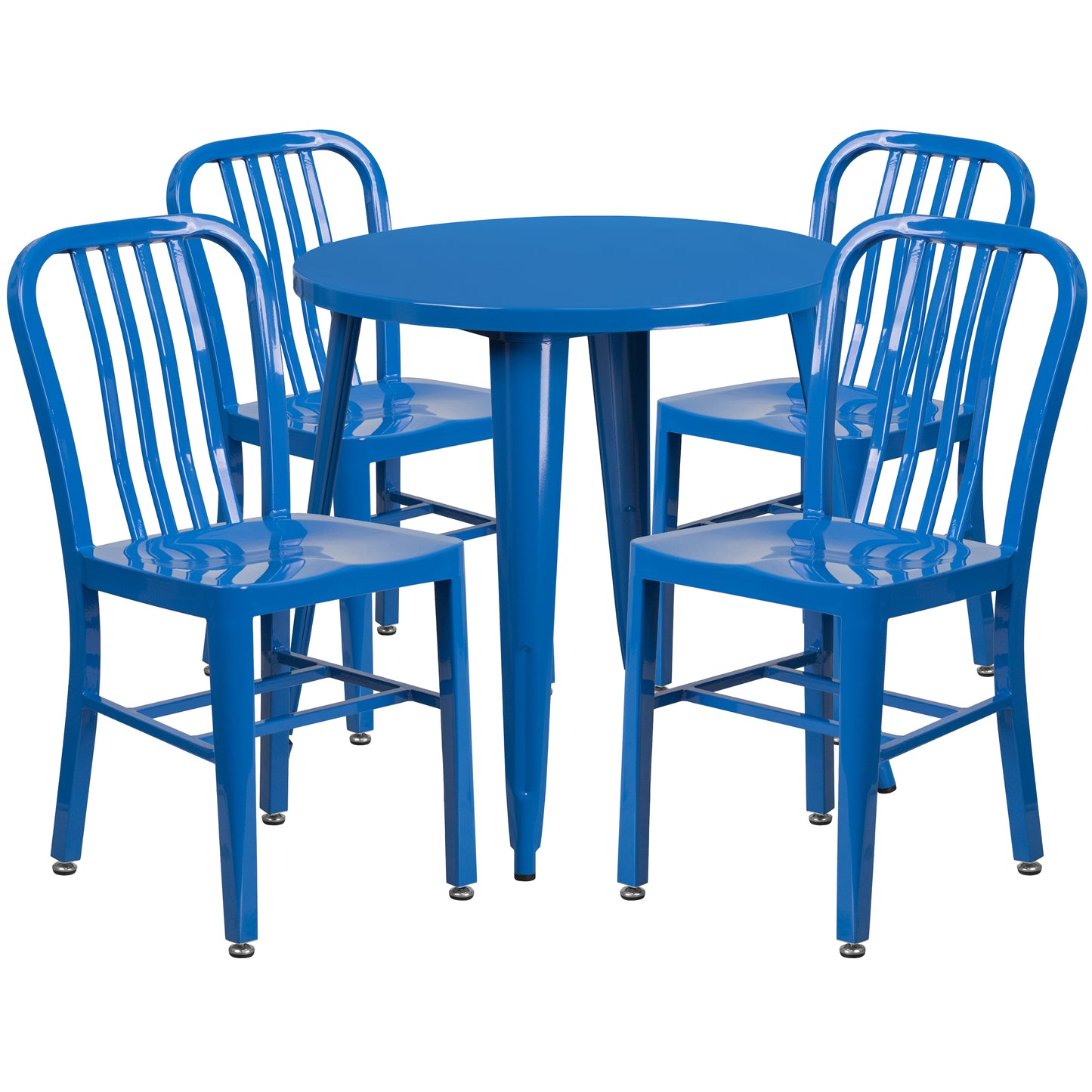 Chad Commercial Grade 30" Round Blue Metal Indoor-Outdoor Table Set with 4 Vertical Slat Back Chairs Blue