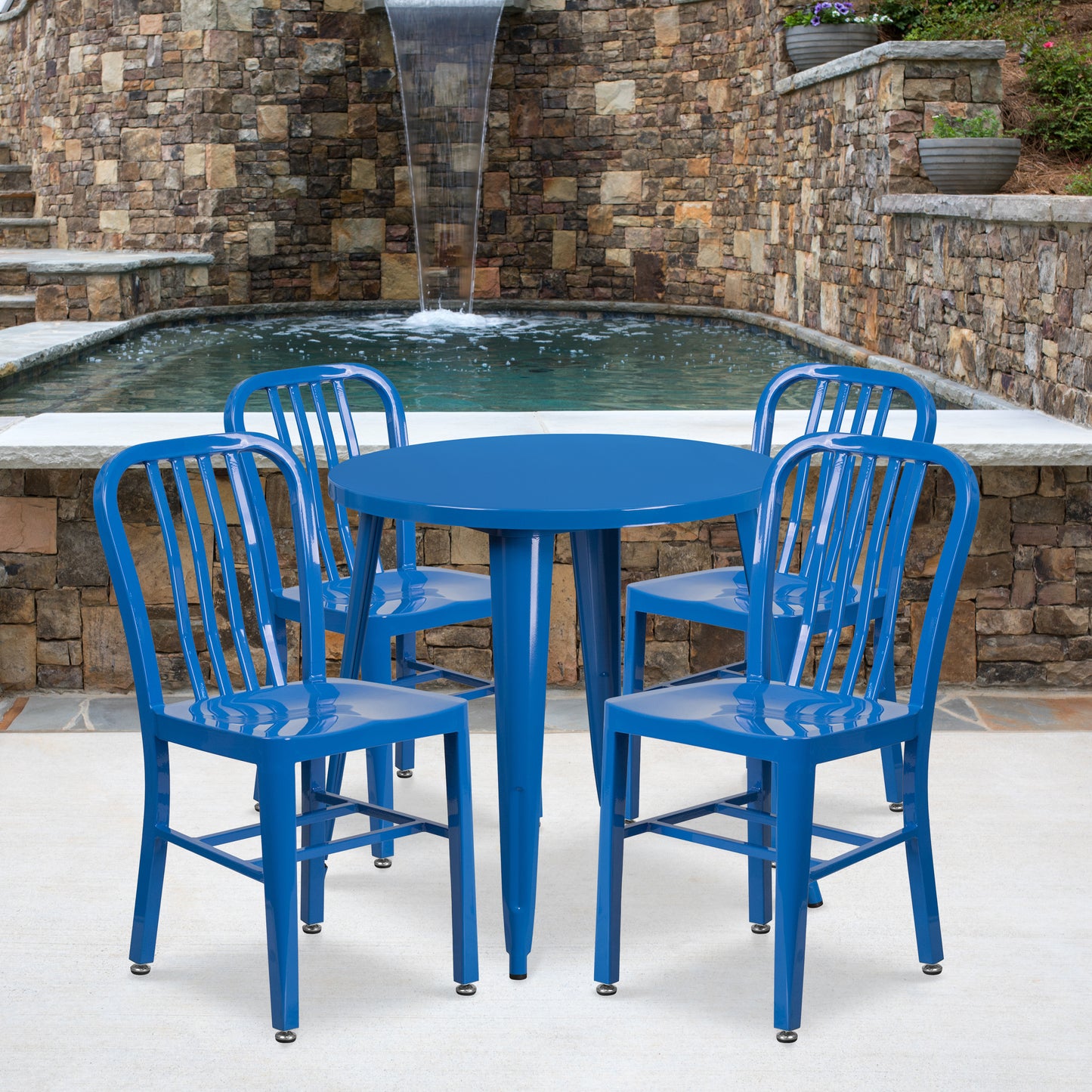Chad Commercial Grade 30" Round Blue Metal Indoor-Outdoor Table Set with 4 Vertical Slat Back Chairs Blue