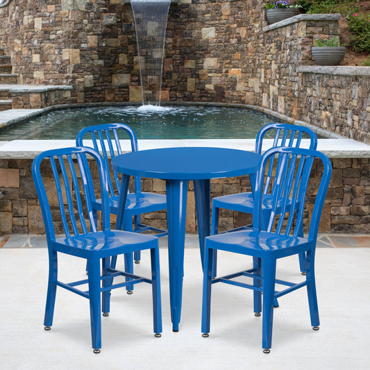 Chad Commercial Grade 30" Round Blue Metal Indoor-Outdoor Table Set with 4 Vertical Slat Back Chairs Blue