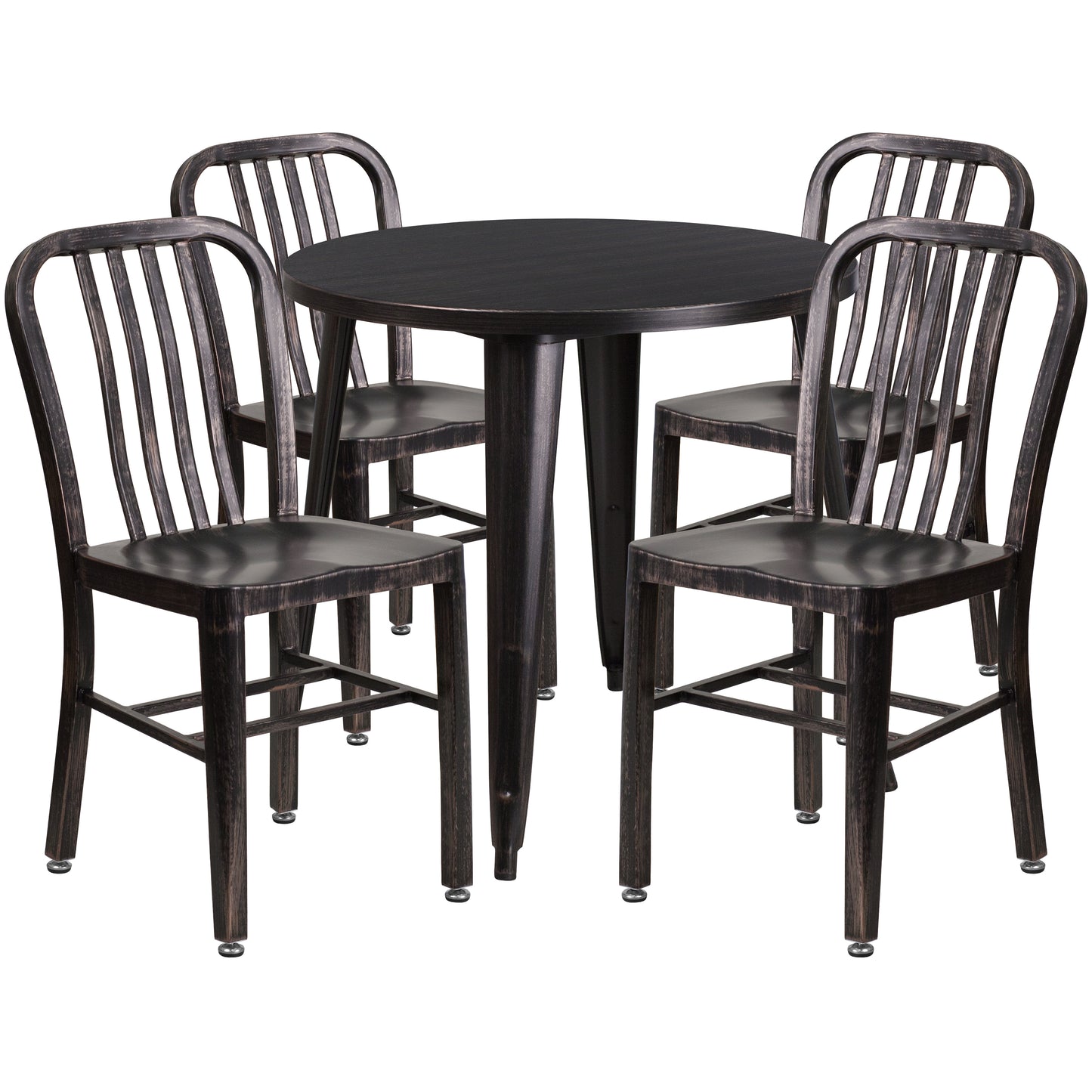 Chad Commercial Grade 30" Round Black-Antique Gold Metal Indoor-Outdoor Table Set with 4 Vertical Slat Back Chairs Black-Antique Gold
