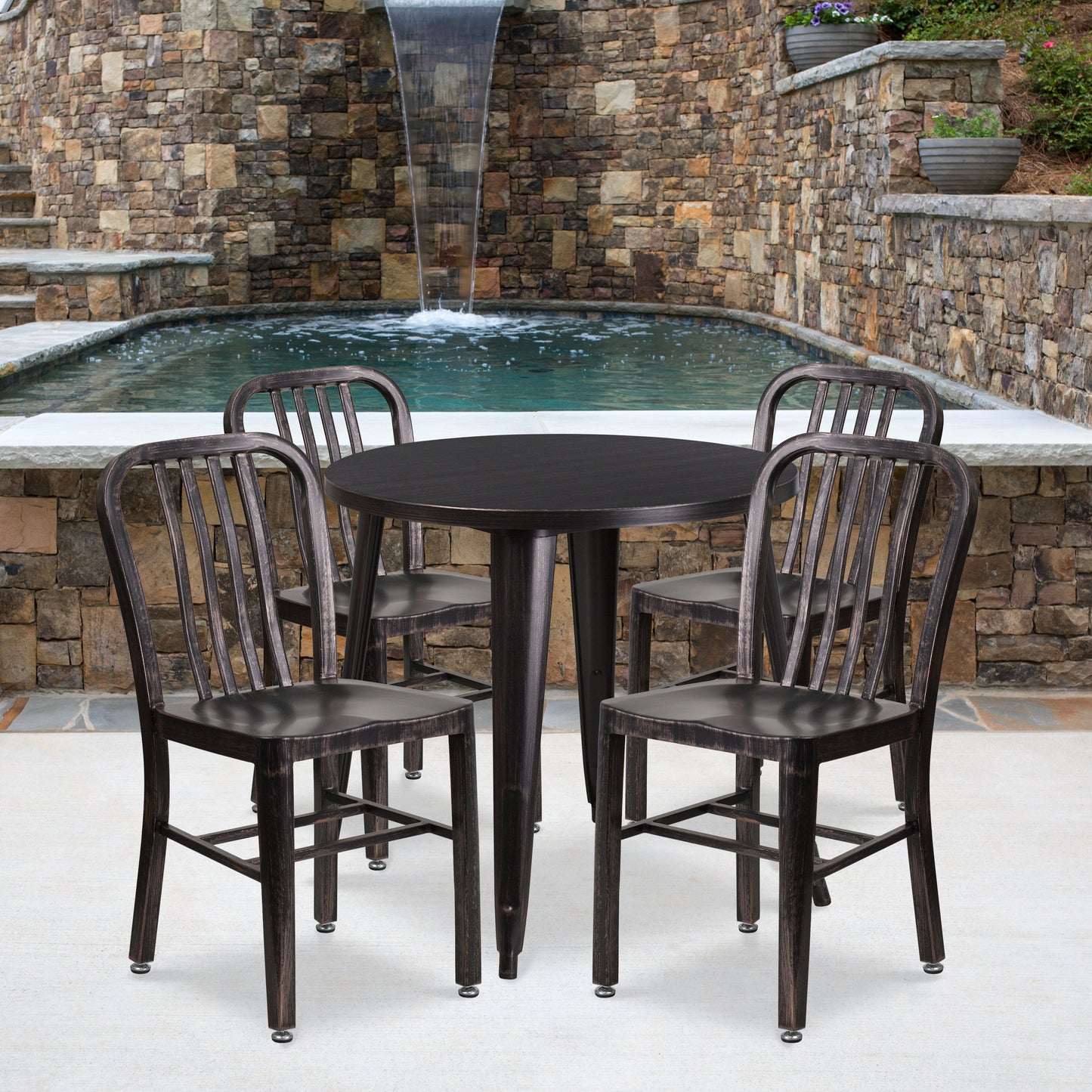 Chad Commercial Grade 30" Round Black-Antique Gold Metal Indoor-Outdoor Table Set with 4 Vertical Slat Back Chairs Black-Antique Gold