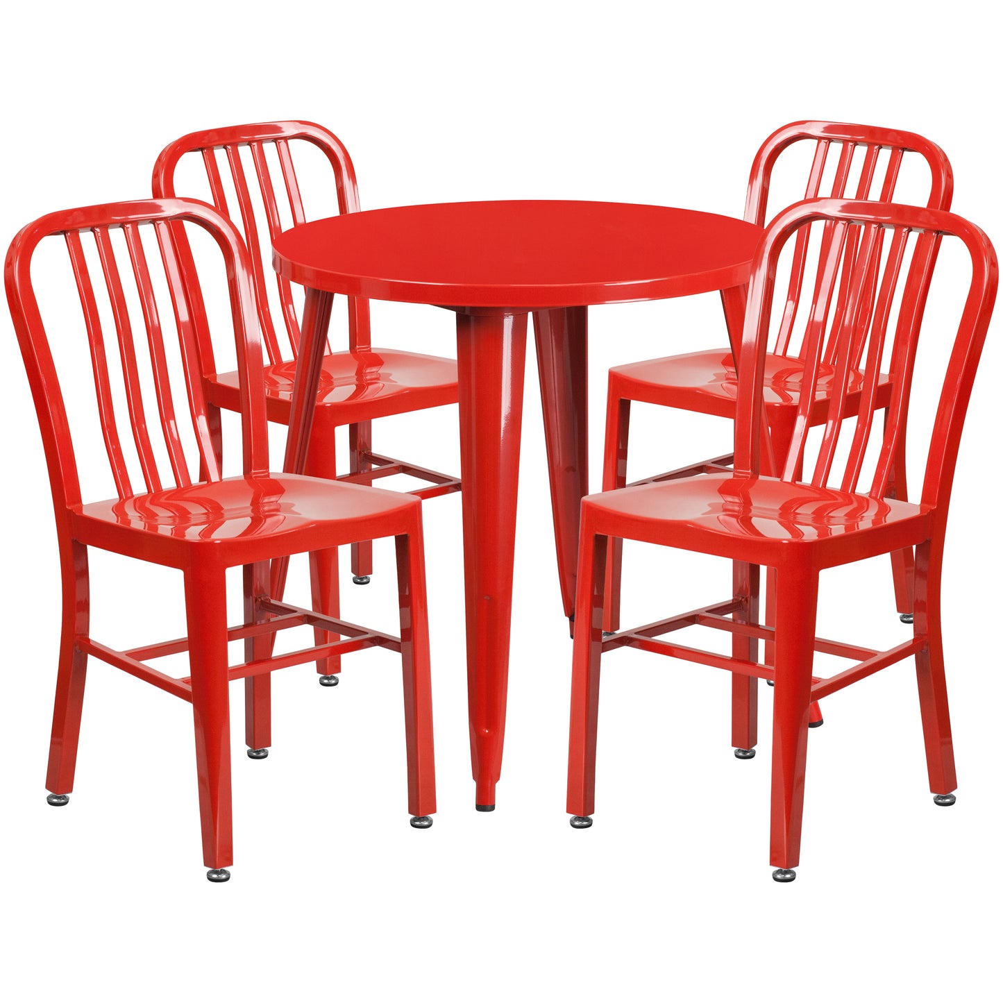 Chad Commercial Grade 30" Round Red Metal Indoor-Outdoor Table Set with 4 Vertical Slat Back Chairs Red CH-51090TH-4-18VRT-RED-GG
