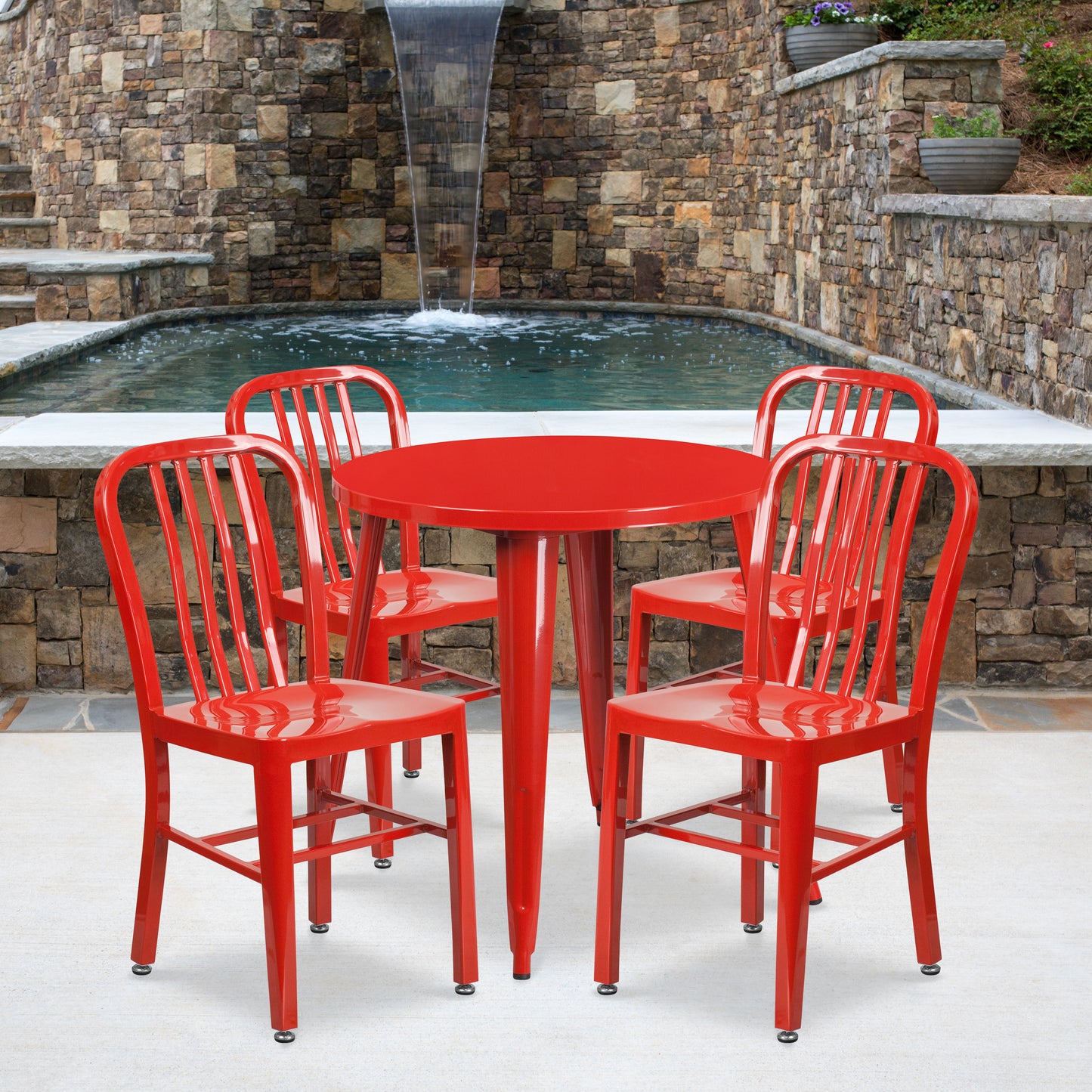 Chad Commercial Grade 30" Round Red Metal Indoor-Outdoor Table Set with 4 Vertical Slat Back Chairs Red CH-51090TH-4-18VRT-RED-GG