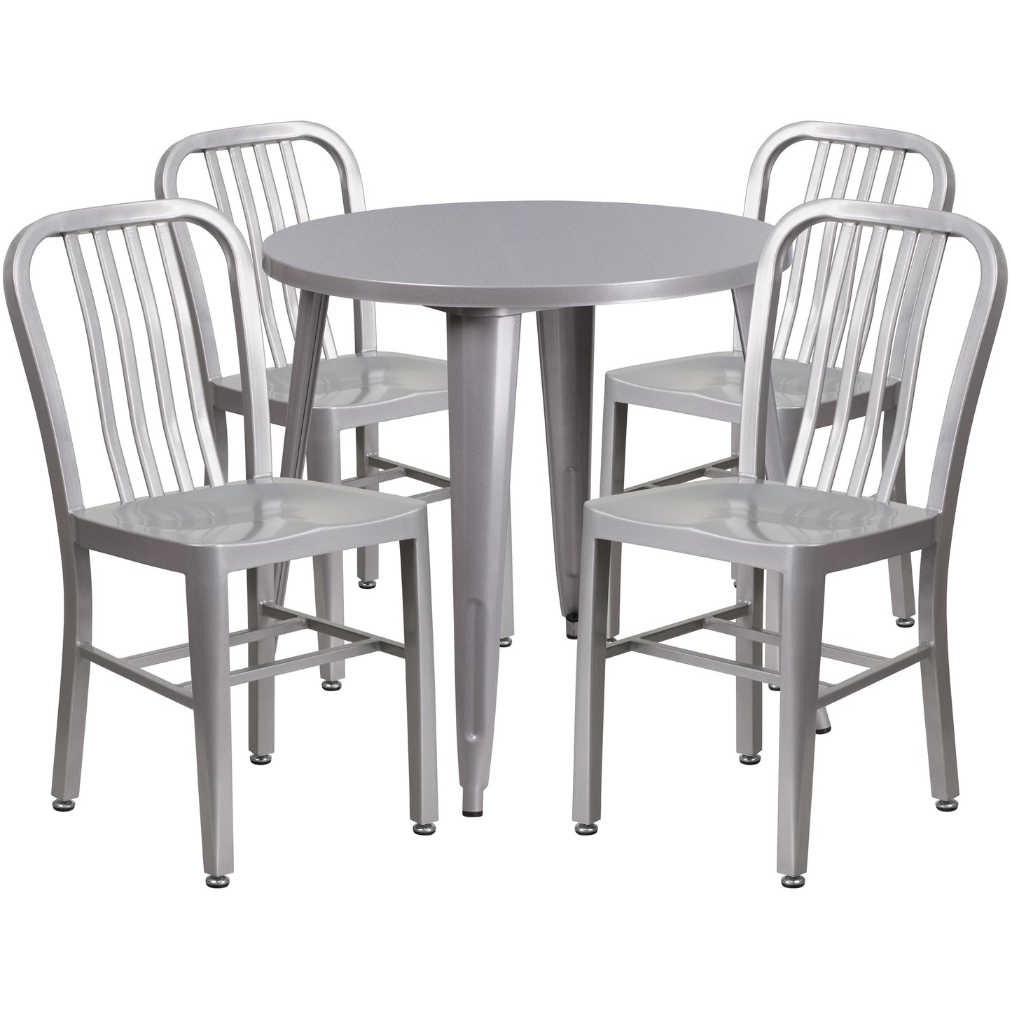 Chad Commercial Grade 30" Round Silver Metal Indoor-Outdoor Table Set with 4 Vertical Slat Back Chairs Silver CH-51090TH-4-18VRT-SIL-GG