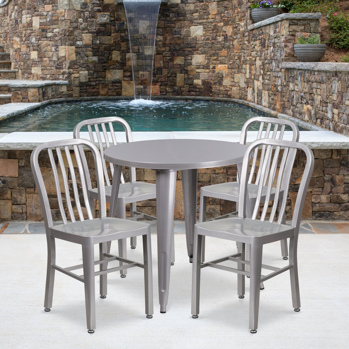 Chad Commercial Grade 30" Round Silver Metal Indoor-Outdoor Table Set with 4 Vertical Slat Back Chairs Silver CH-51090TH-4-18VRT-SIL-GG