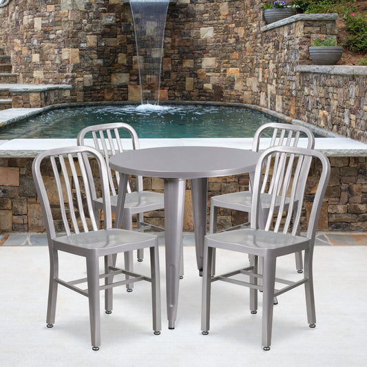 Chad Commercial Grade 30" Round Silver Metal Indoor-Outdoor Table Set with 4 Vertical Slat Back Chairs Silver