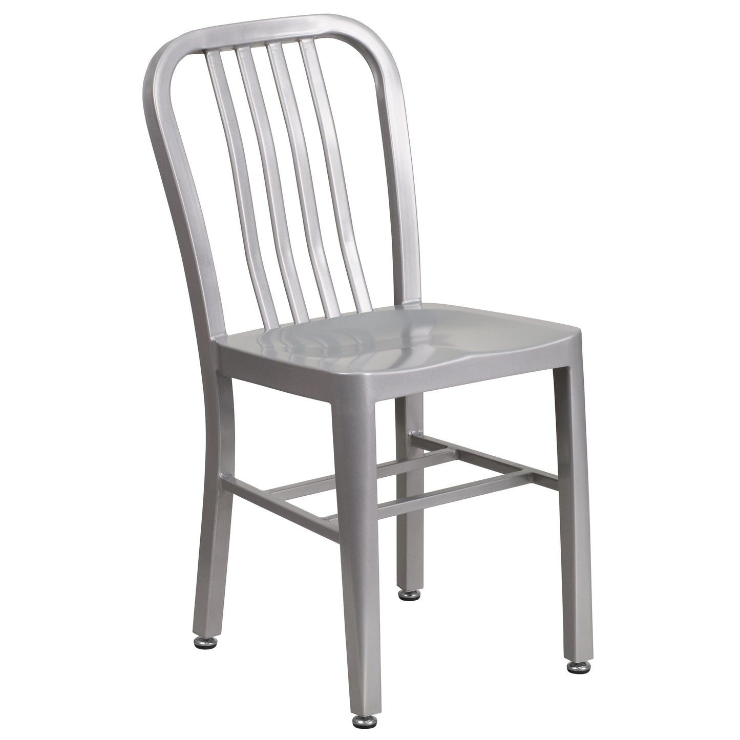 Chad Commercial Grade 30" Round Silver Metal Indoor-Outdoor Table Set with 4 Vertical Slat Back Chairs Silver CH-51090TH-4-18VRT-SIL-GG