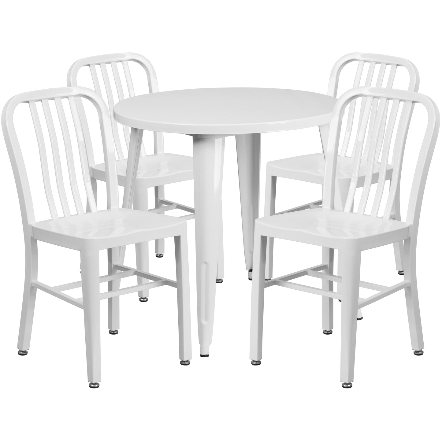 Chad Commercial Grade 30" Round White Metal Indoor-Outdoor Table Set with 4 Vertical Slat Back Chairs White