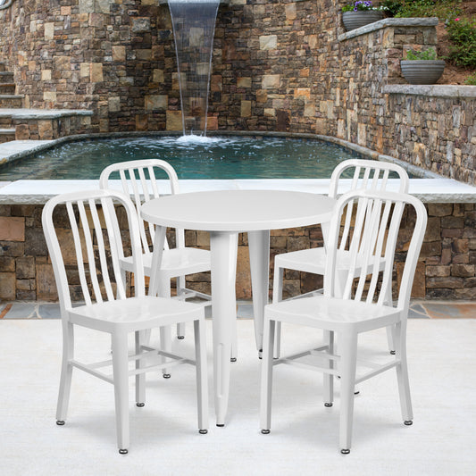 Chad Commercial Grade 30" Round White Metal Indoor-Outdoor Table Set with 4 Vertical Slat Back Chairs White