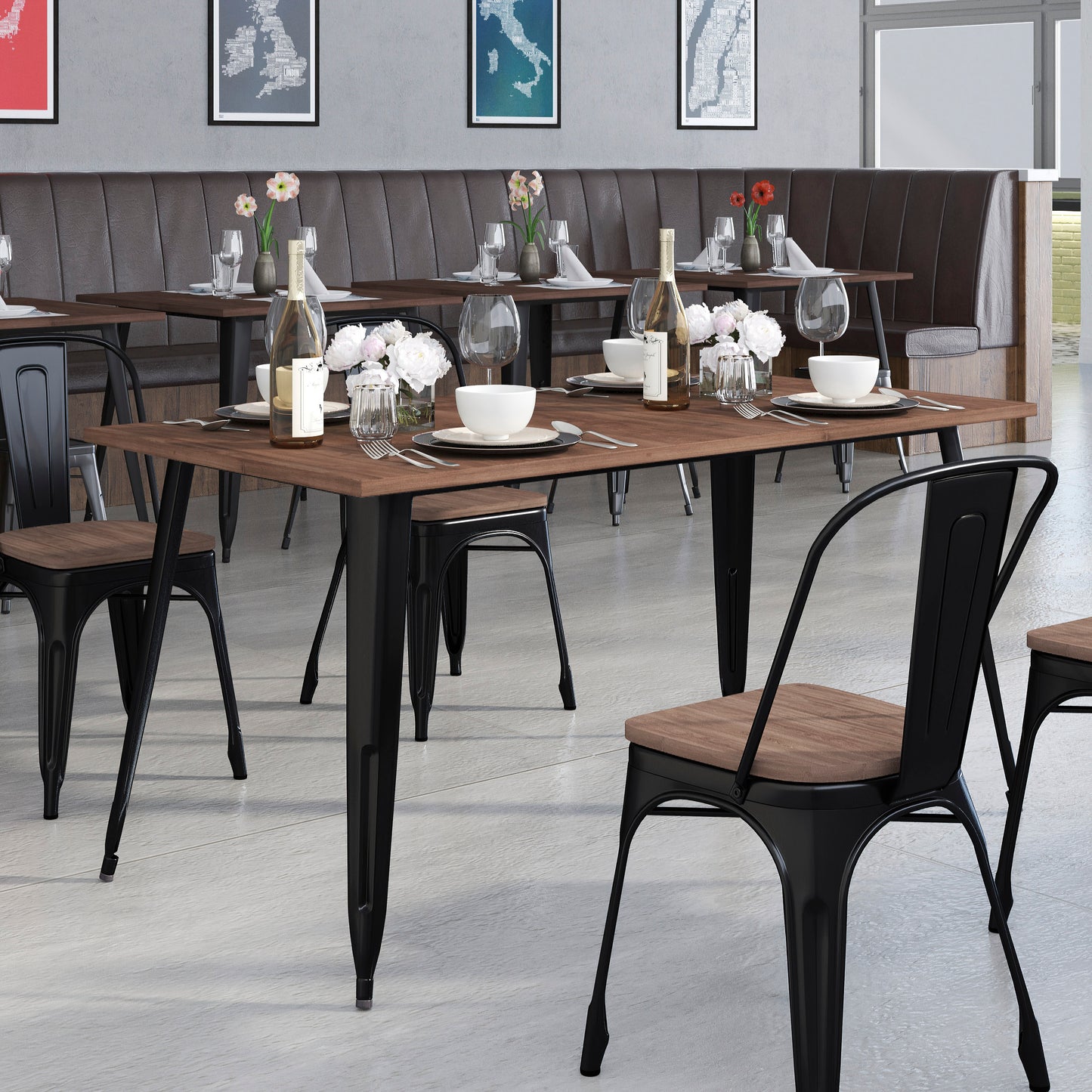 Kenneth 30.25" x 60" Rectangular Black Metal Indoor Table with Walnut Rustic Wood Top Black