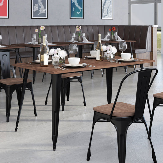 Kenneth 30.25" x 60" Rectangular Black Metal Indoor Table with Walnut Rustic Wood Top Black