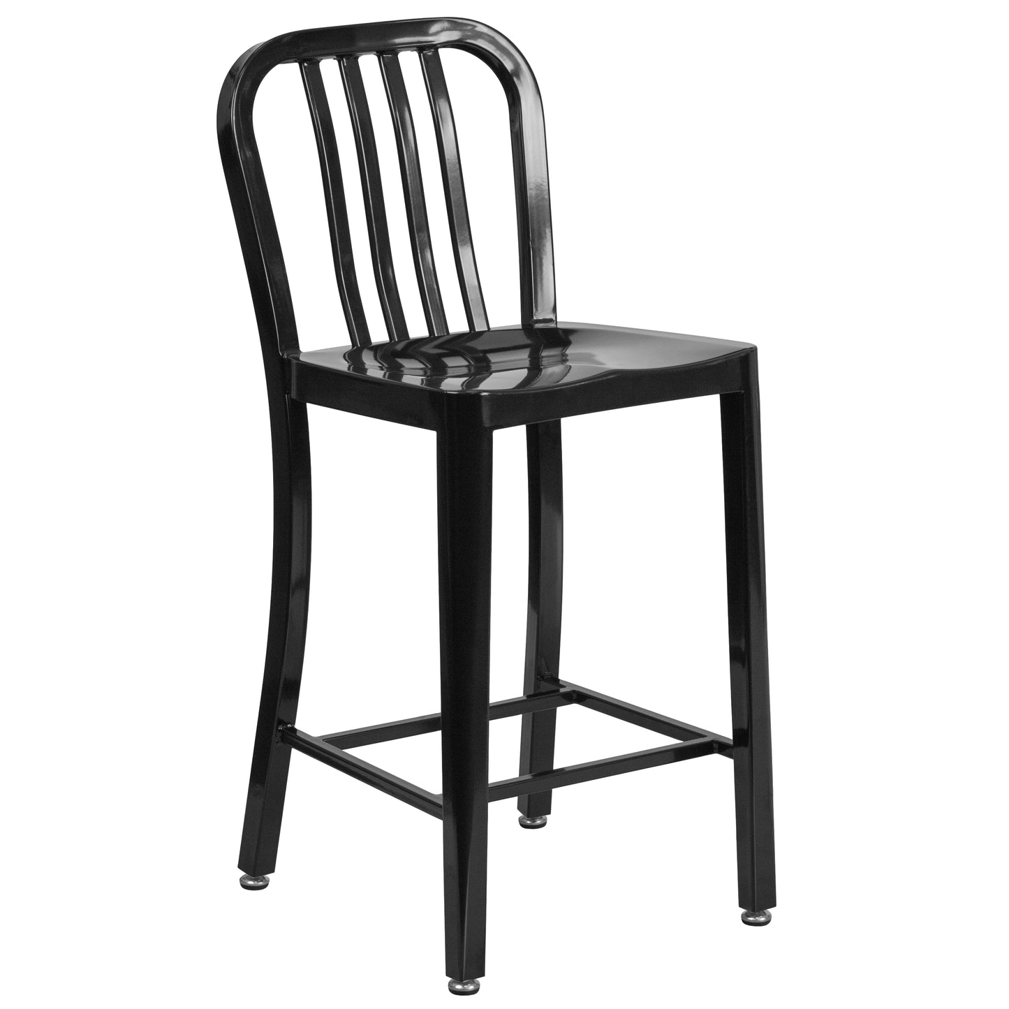 Gael Commercial Grade 24" High Black Metal Indoor-Outdoor Counter Height Stool with Vertical Slat Back Black