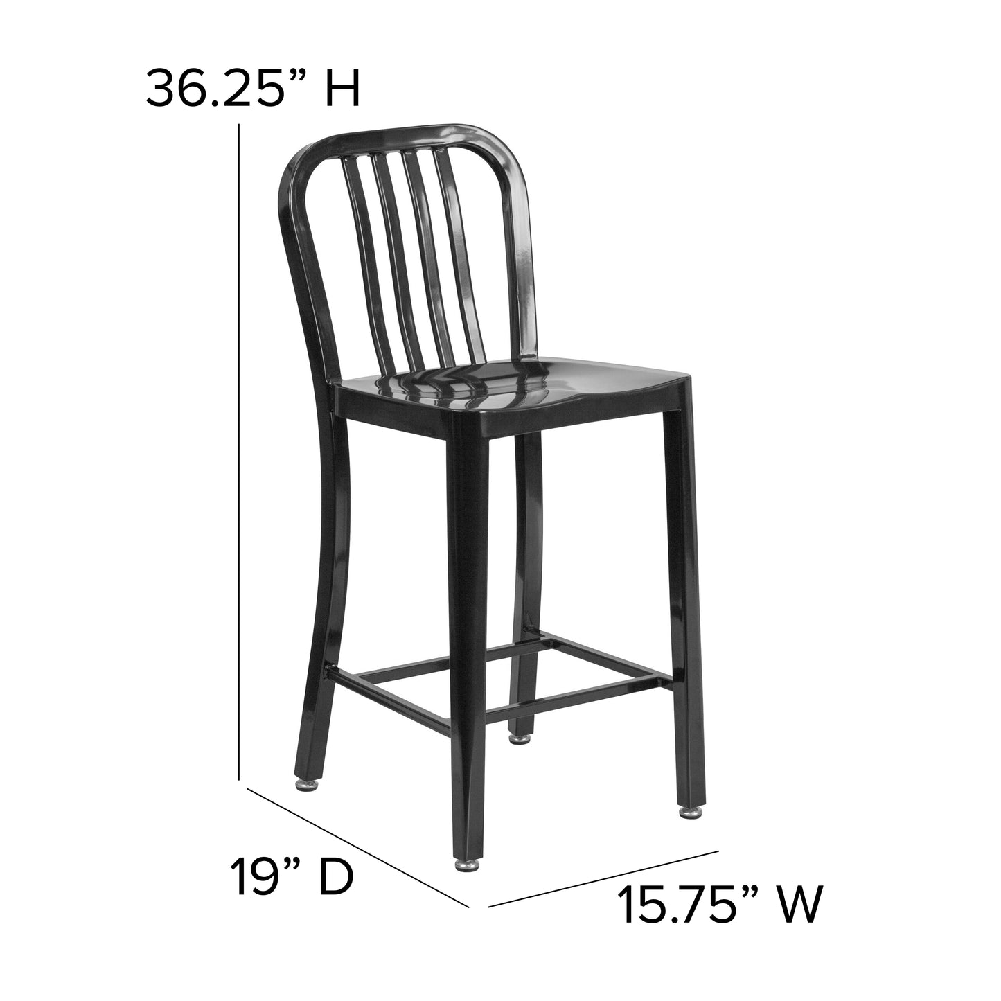 Gael Commercial Grade 24" High Black Metal Indoor-Outdoor Counter Height Stool with Vertical Slat Back Black