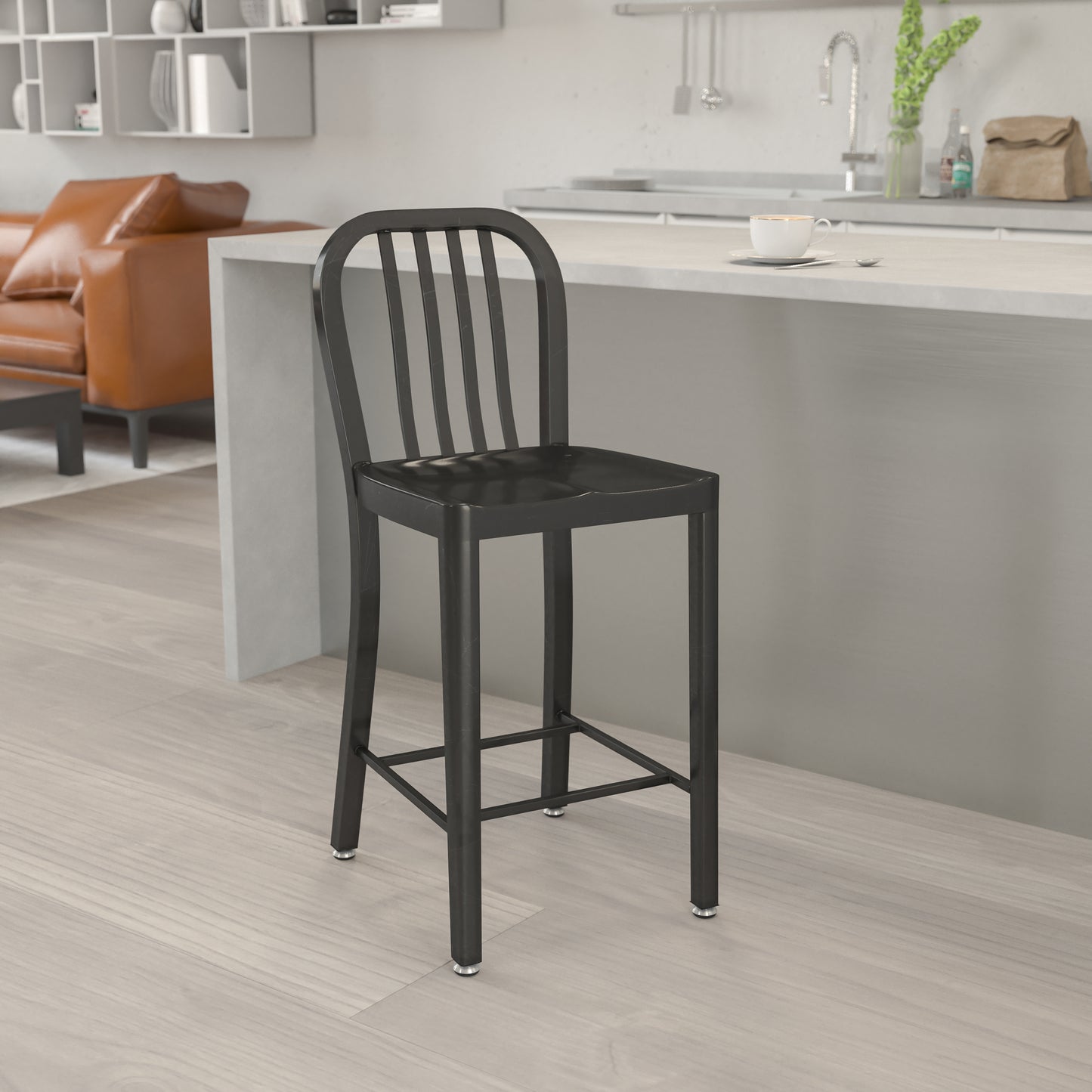 Gael Commercial Grade 24" High Black Metal Indoor-Outdoor Counter Height Stool with Vertical Slat Back Black