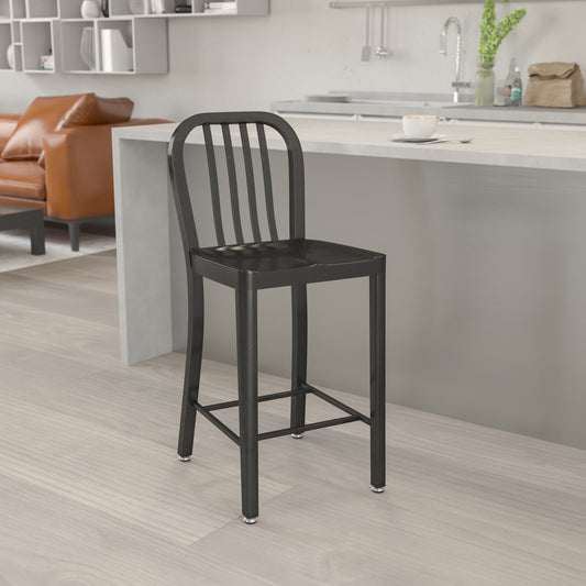Gael Commercial Grade 24" High Black Metal Indoor-Outdoor Counter Height Stool with Vertical Slat Back Black