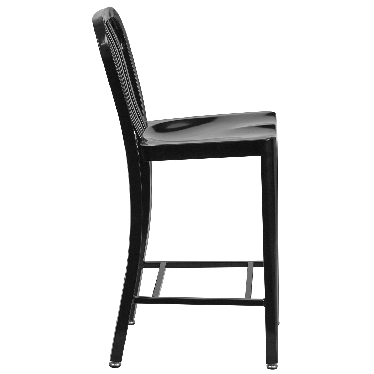 Gael Commercial Grade 24" High Black Metal Indoor-Outdoor Counter Height Stool with Vertical Slat Back Black