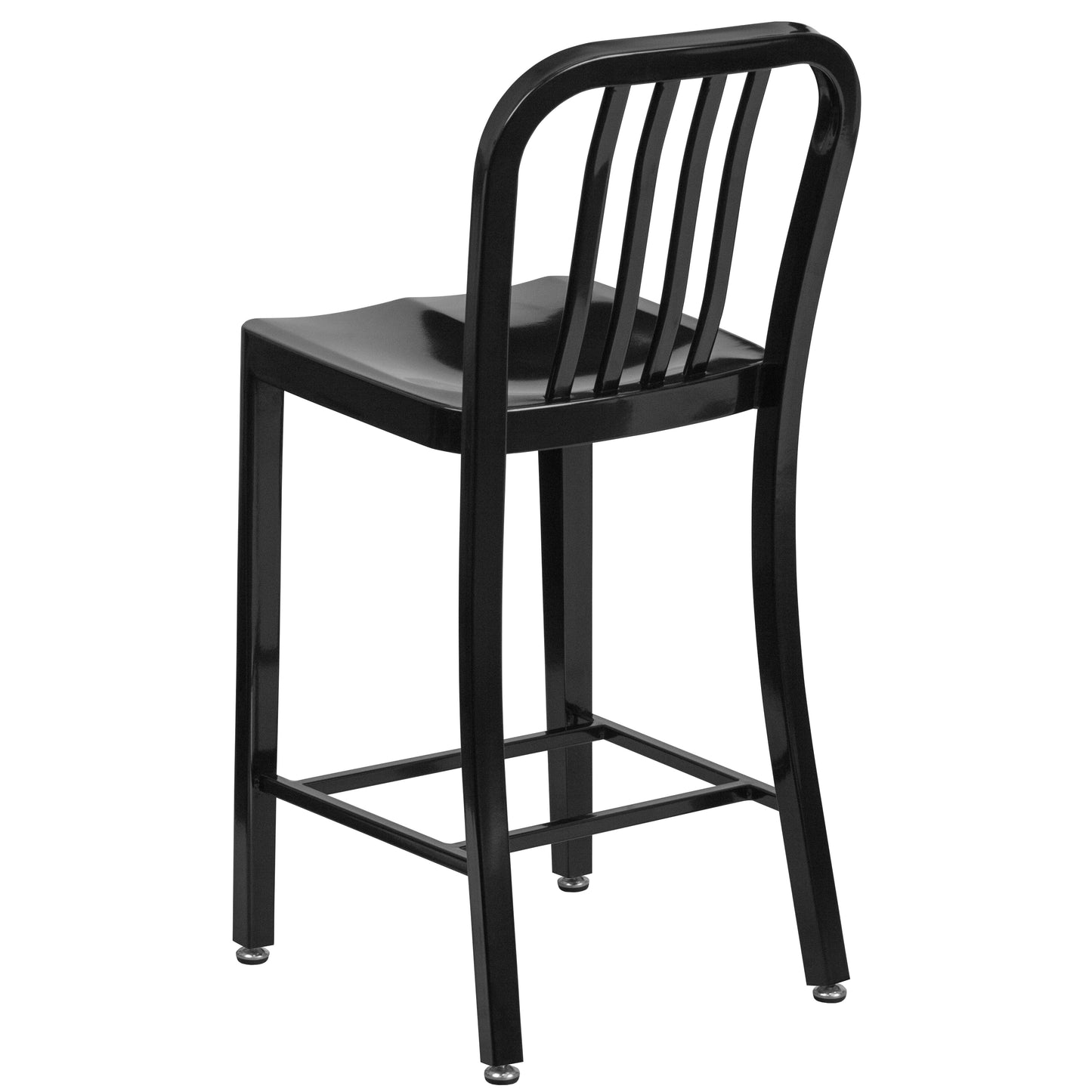 Gael Commercial Grade 24" High Black Metal Indoor-Outdoor Counter Height Stool with Vertical Slat Back Black