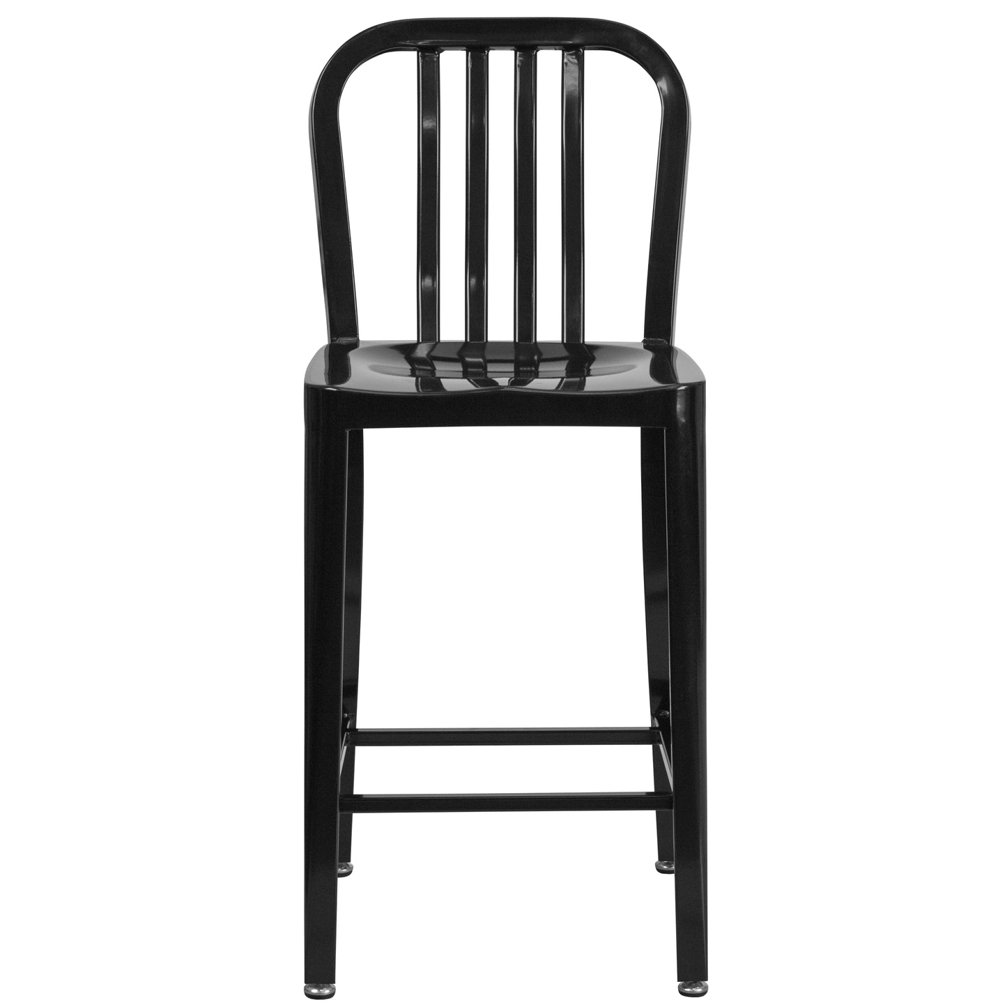 Gael Commercial Grade 24" High Black Metal Indoor-Outdoor Counter Height Stool with Vertical Slat Back Black