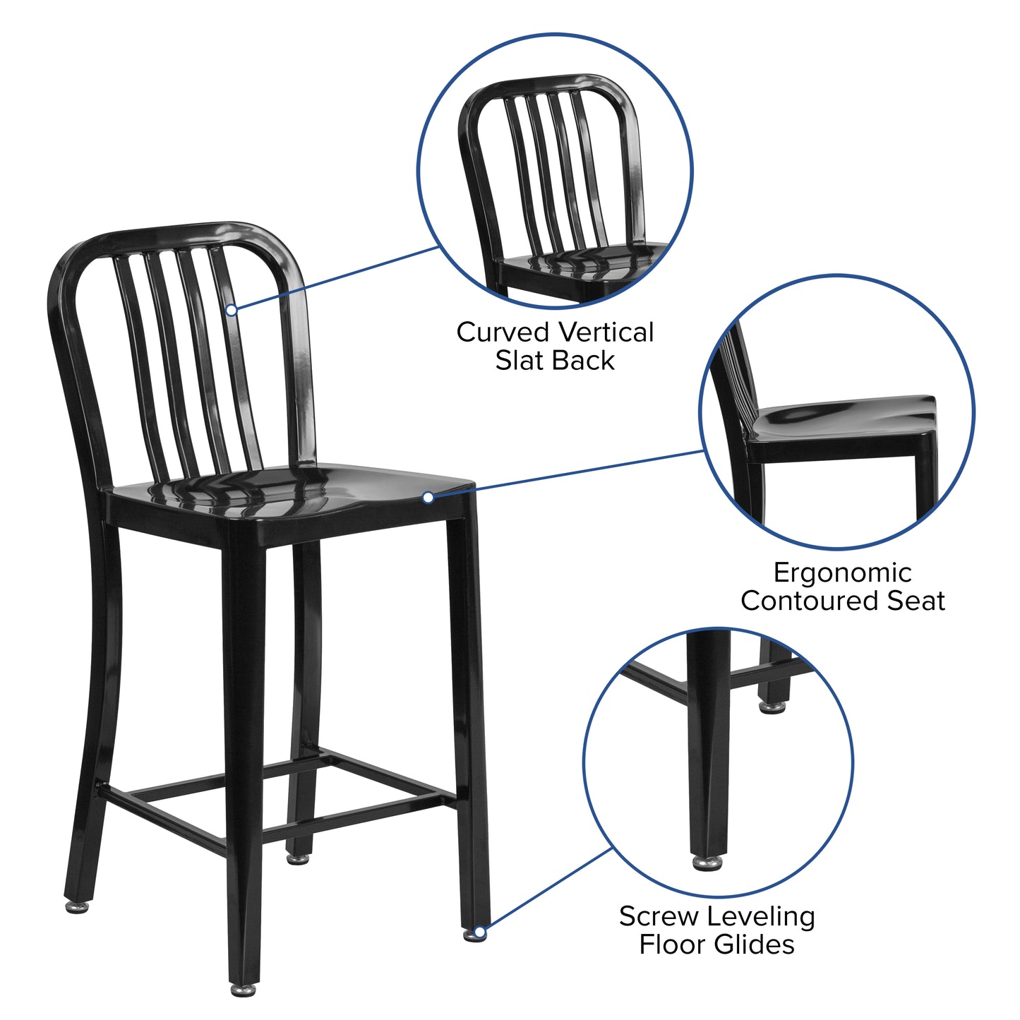 Gael Commercial Grade 24" High Black Metal Indoor-Outdoor Counter Height Stool with Vertical Slat Back Black