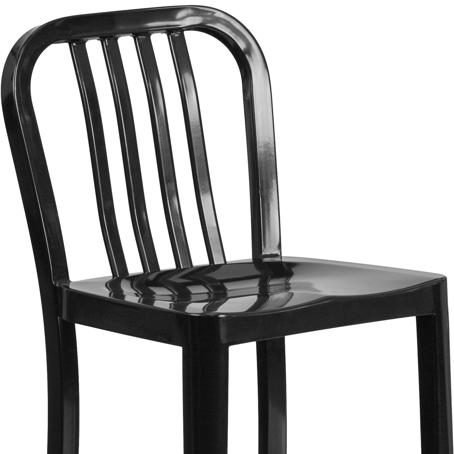 Gael Commercial Grade 24" High Black Metal Indoor-Outdoor Counter Height Stool with Vertical Slat Back Black