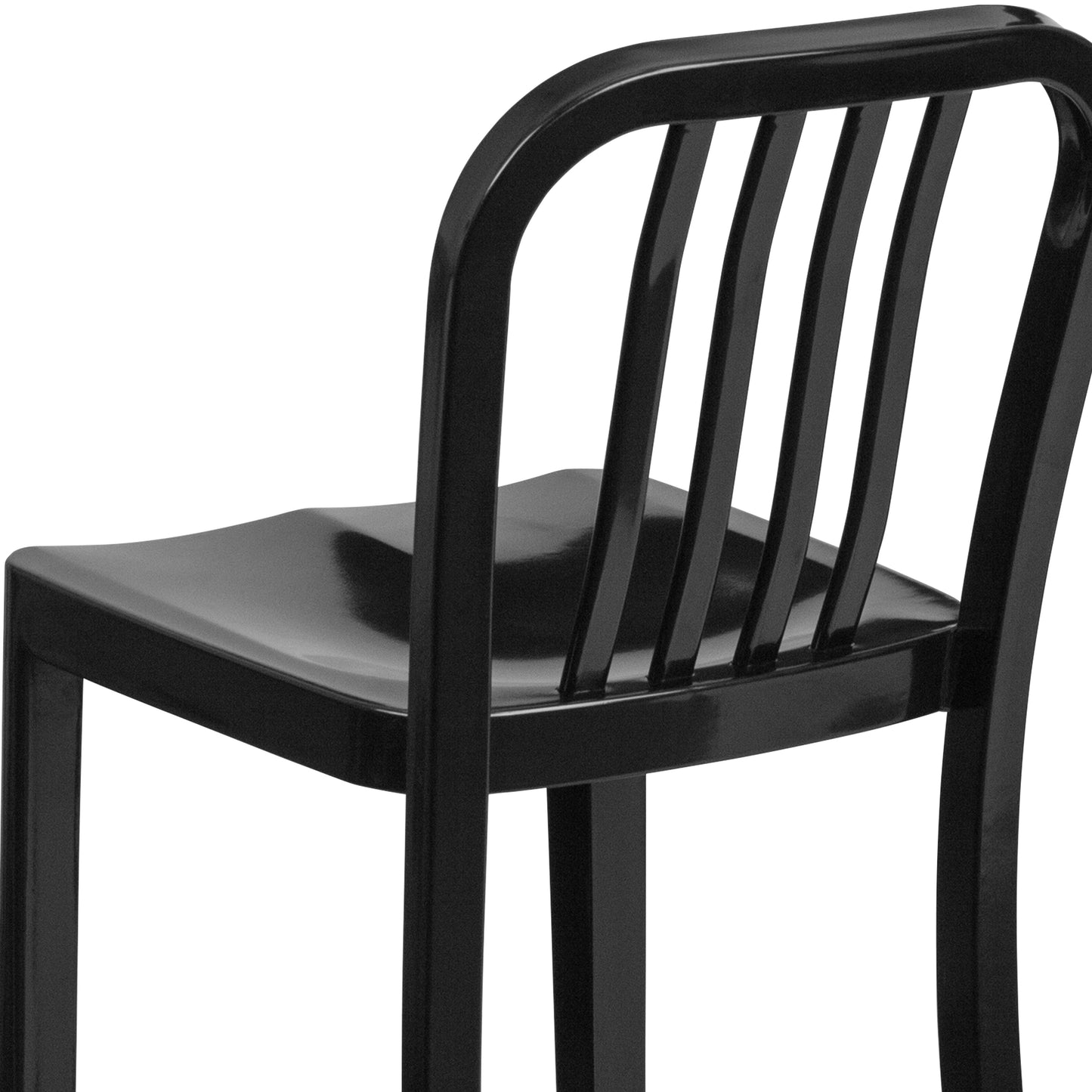 Gael Commercial Grade 24" High Black Metal Indoor-Outdoor Counter Height Stool with Vertical Slat Back Black