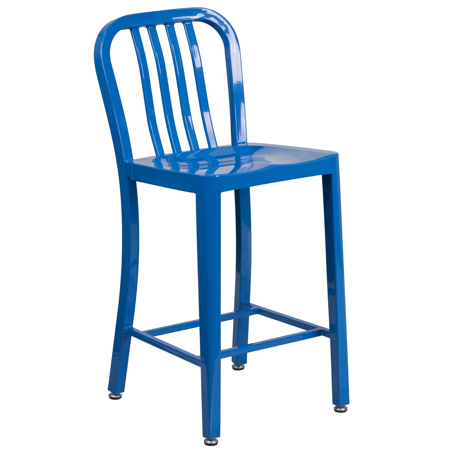 Gael Commercial Grade 24" High Blue Metal Indoor-Outdoor Counter Height Stool with Vertical Slat Back Blue