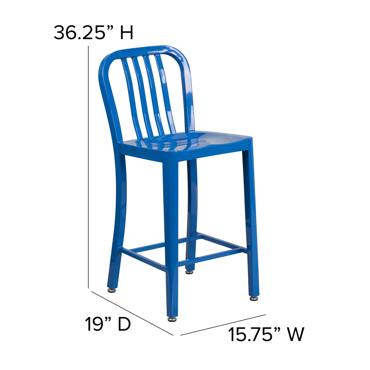 Gael Commercial Grade 24" High Blue Metal Indoor-Outdoor Counter Height Stool with Vertical Slat Back Blue