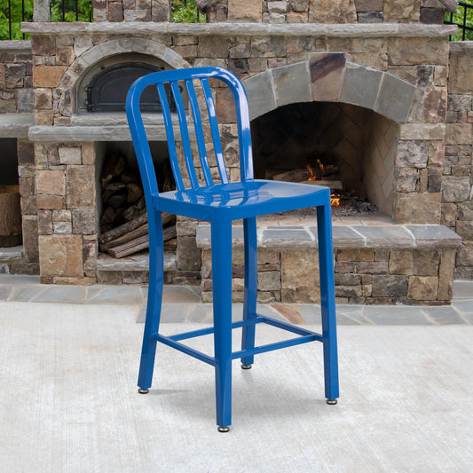 Gael Commercial Grade 24" High Blue Metal Indoor-Outdoor Counter Height Stool with Vertical Slat Back Blue