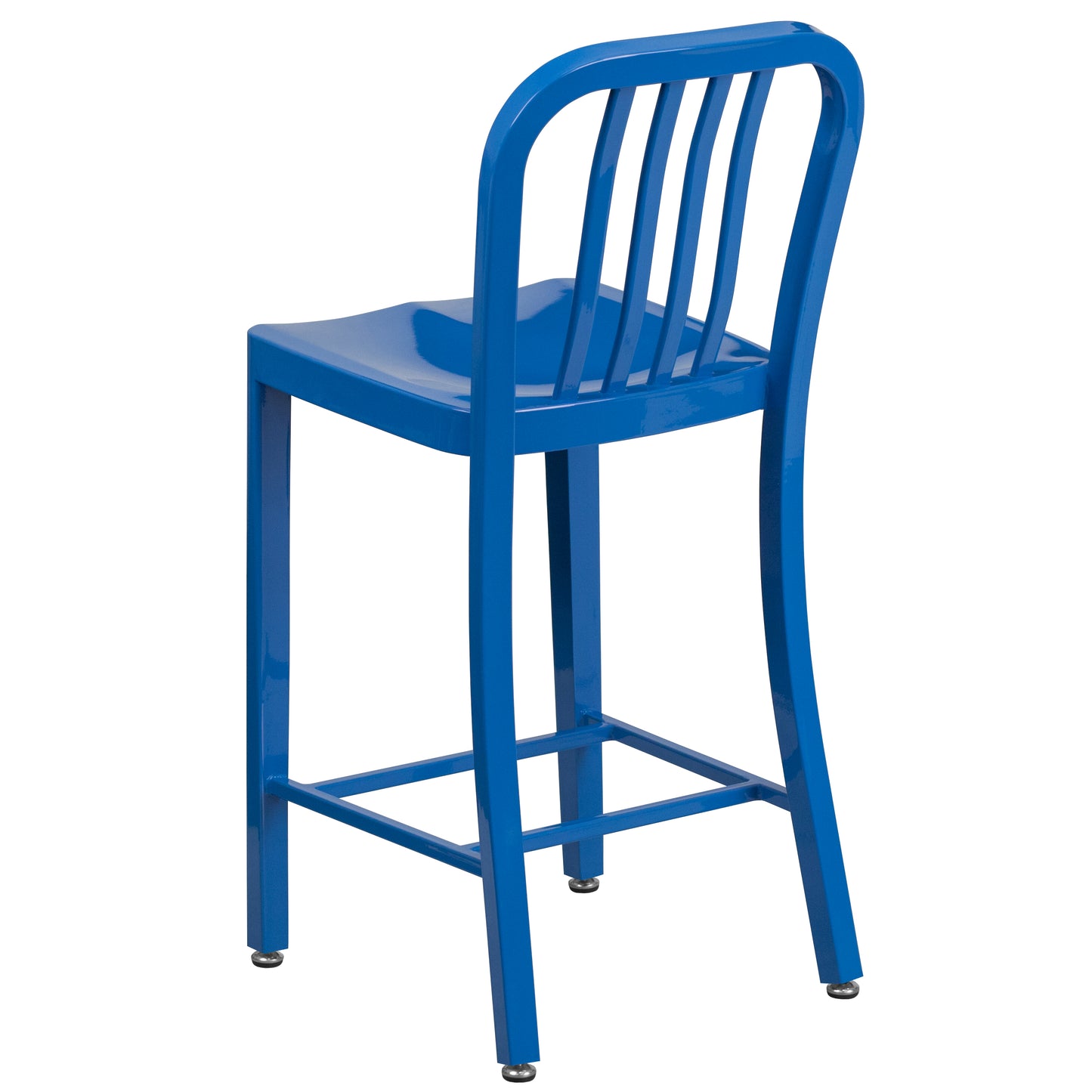 Gael Commercial Grade 24" High Blue Metal Indoor-Outdoor Counter Height Stool with Vertical Slat Back Blue