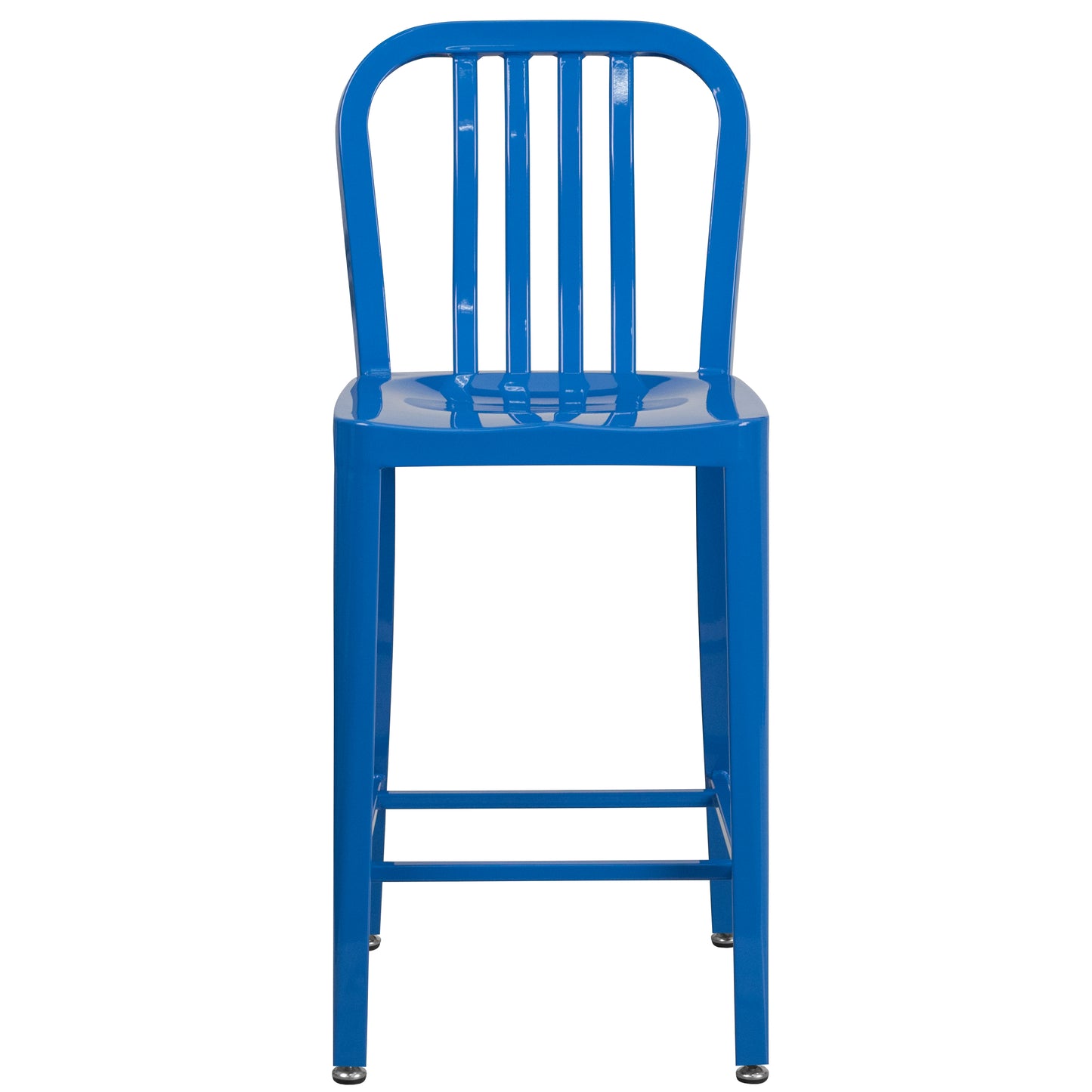 Gael Commercial Grade 24" High Blue Metal Indoor-Outdoor Counter Height Stool with Vertical Slat Back Blue