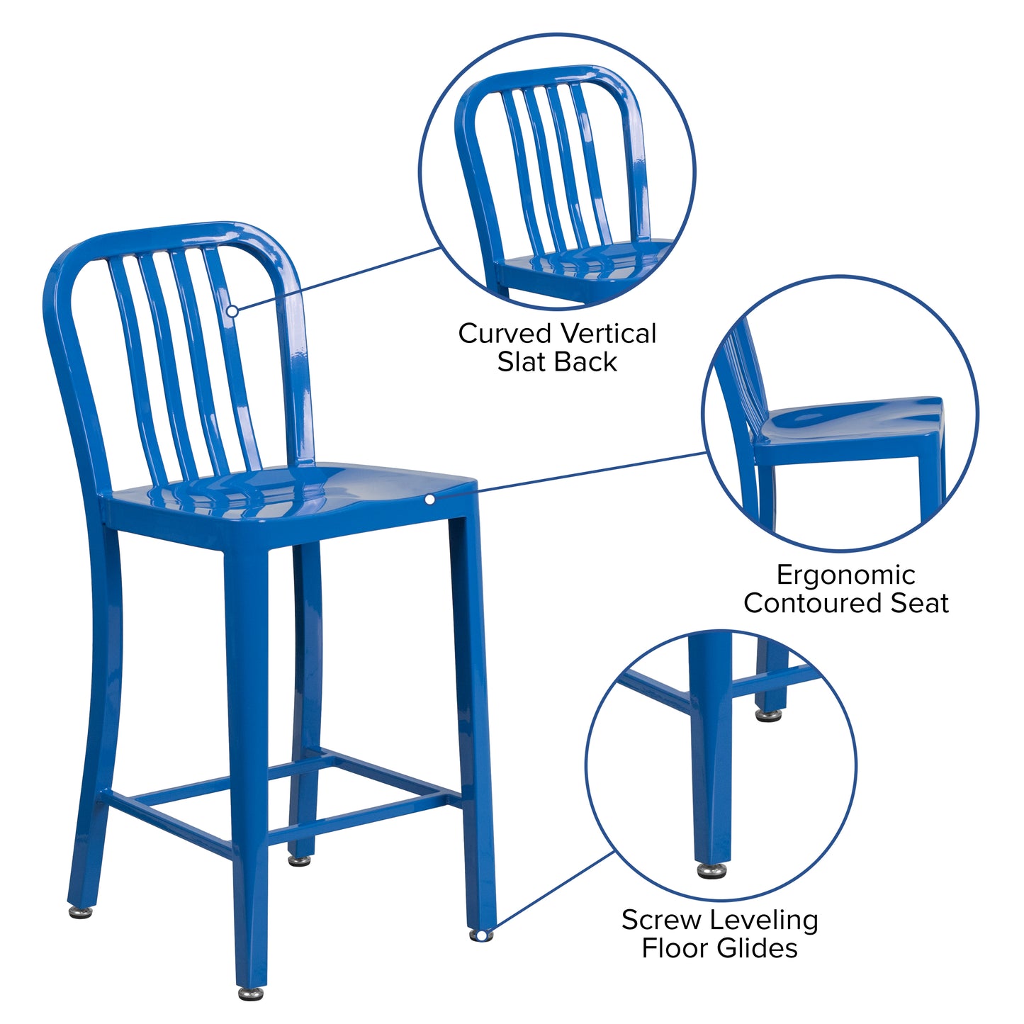 Gael Commercial Grade 24" High Blue Metal Indoor-Outdoor Counter Height Stool with Vertical Slat Back Blue