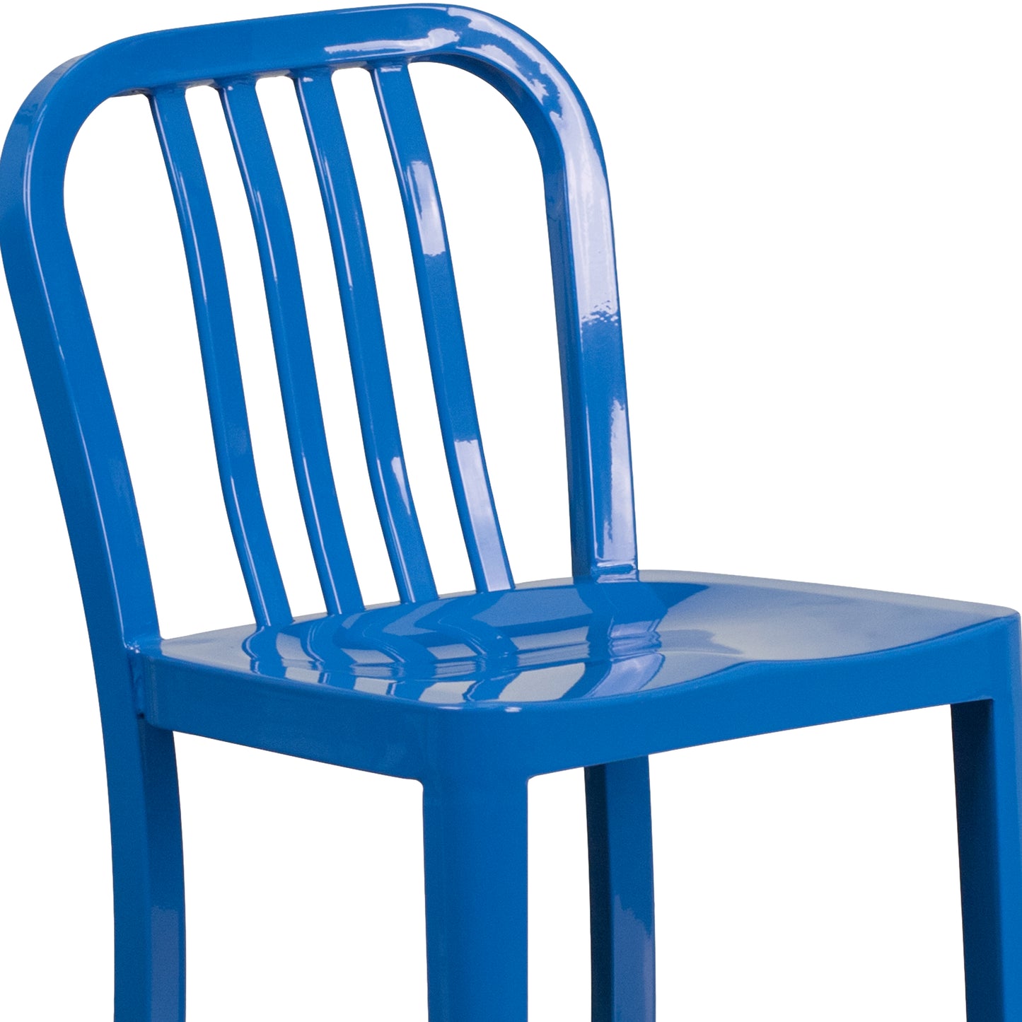 Gael Commercial Grade 24" High Blue Metal Indoor-Outdoor Counter Height Stool with Vertical Slat Back Blue